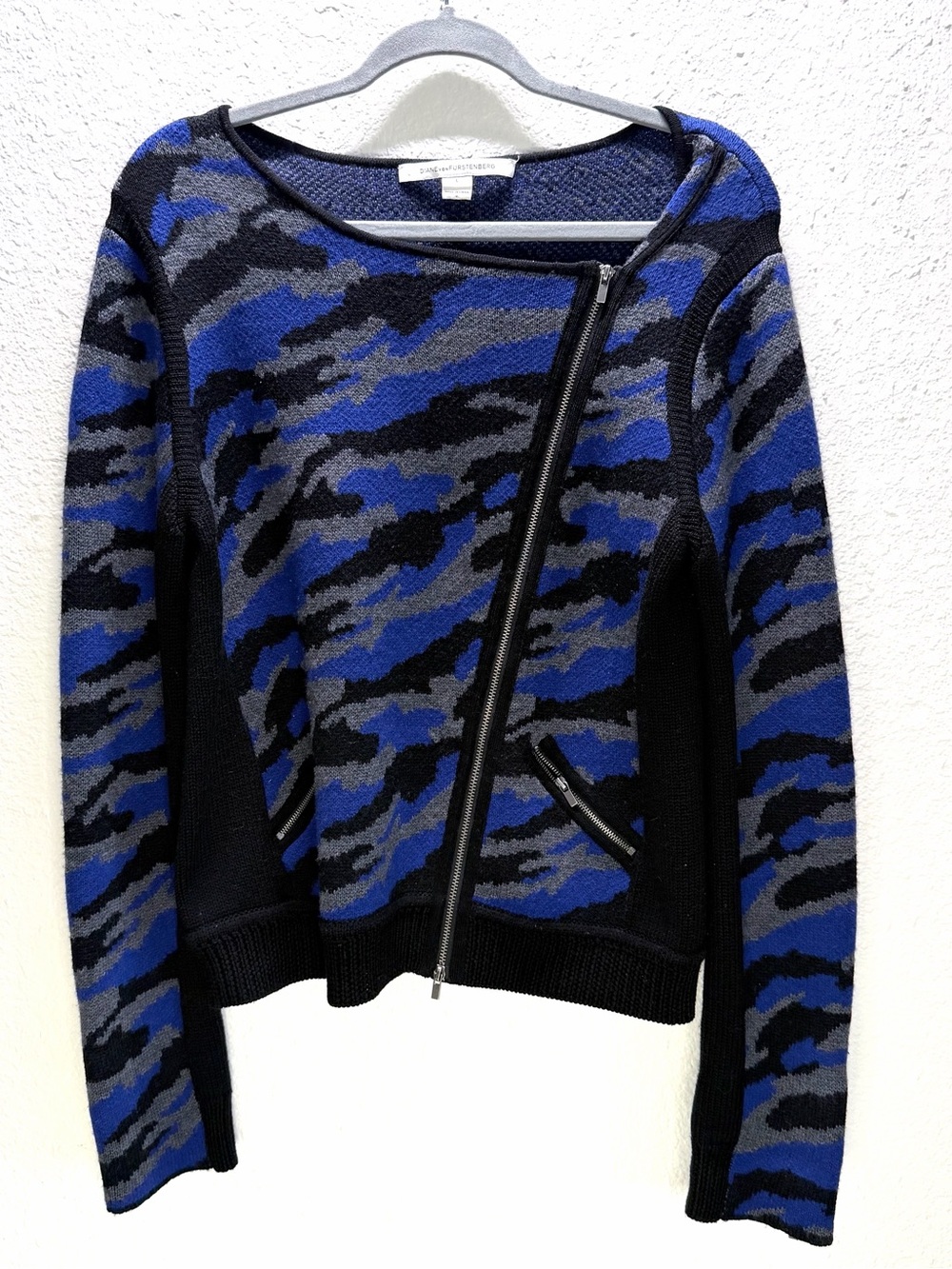 DVF Blue and Gray Camo Zip-Front Women's Sweater
